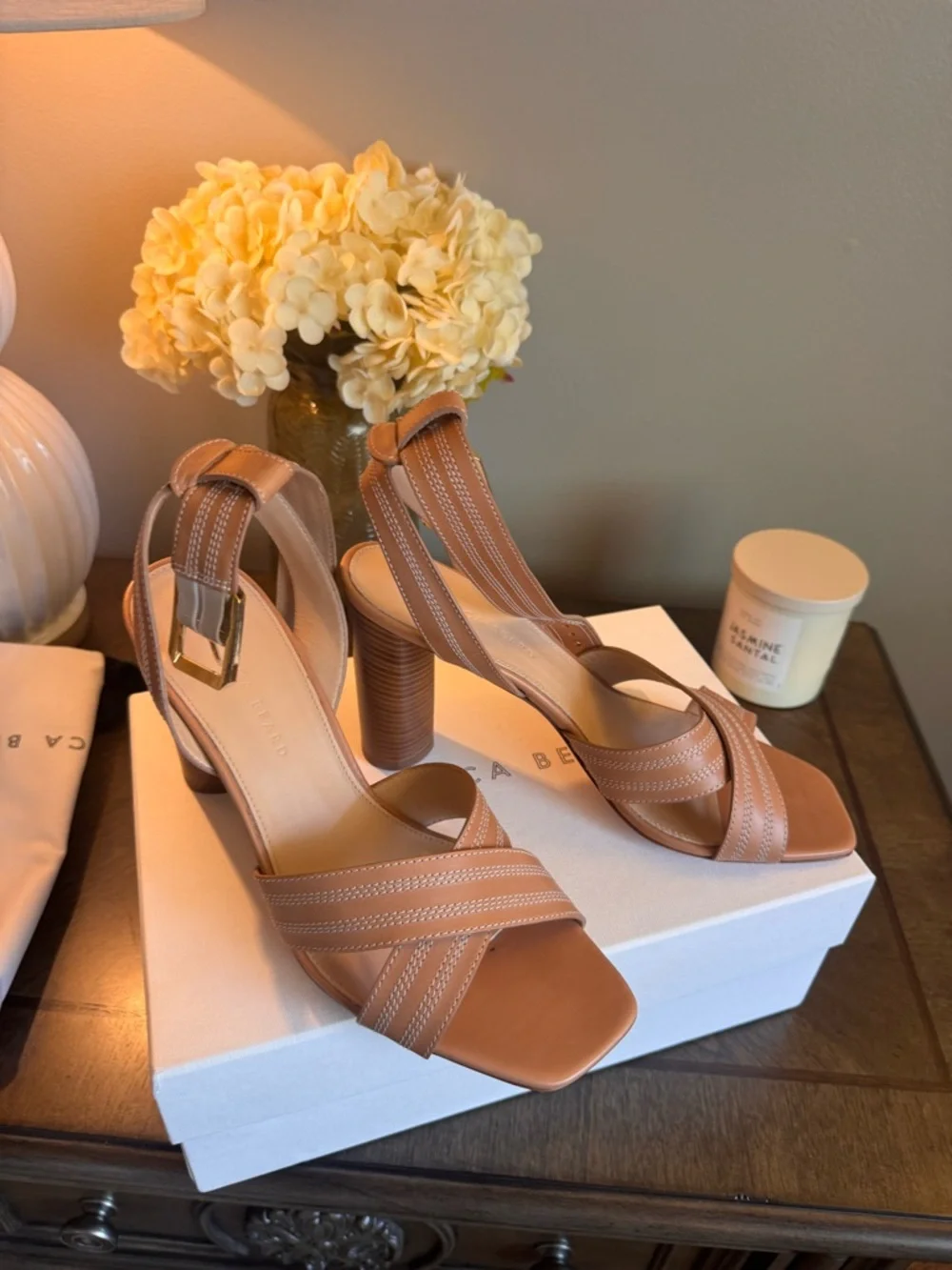 Veronica Beard Tan Leather Block-Heel Sandals with Gold Buckle - Picture 1 of 11